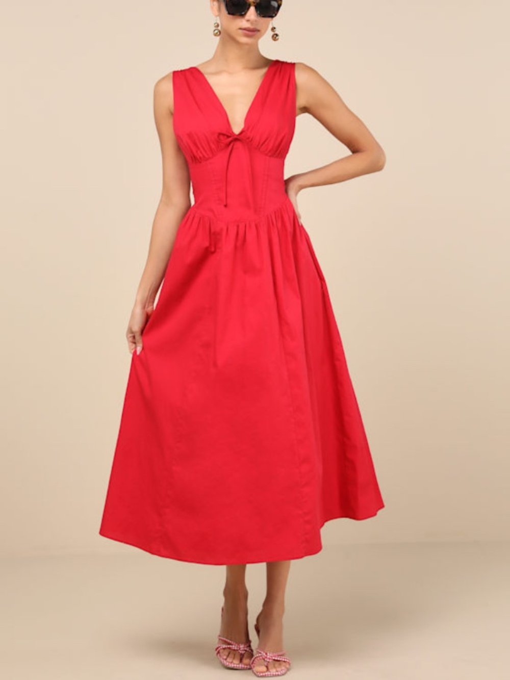 Lulus Lettie Red Poplin Plunge Neck Midi Dress - Size M